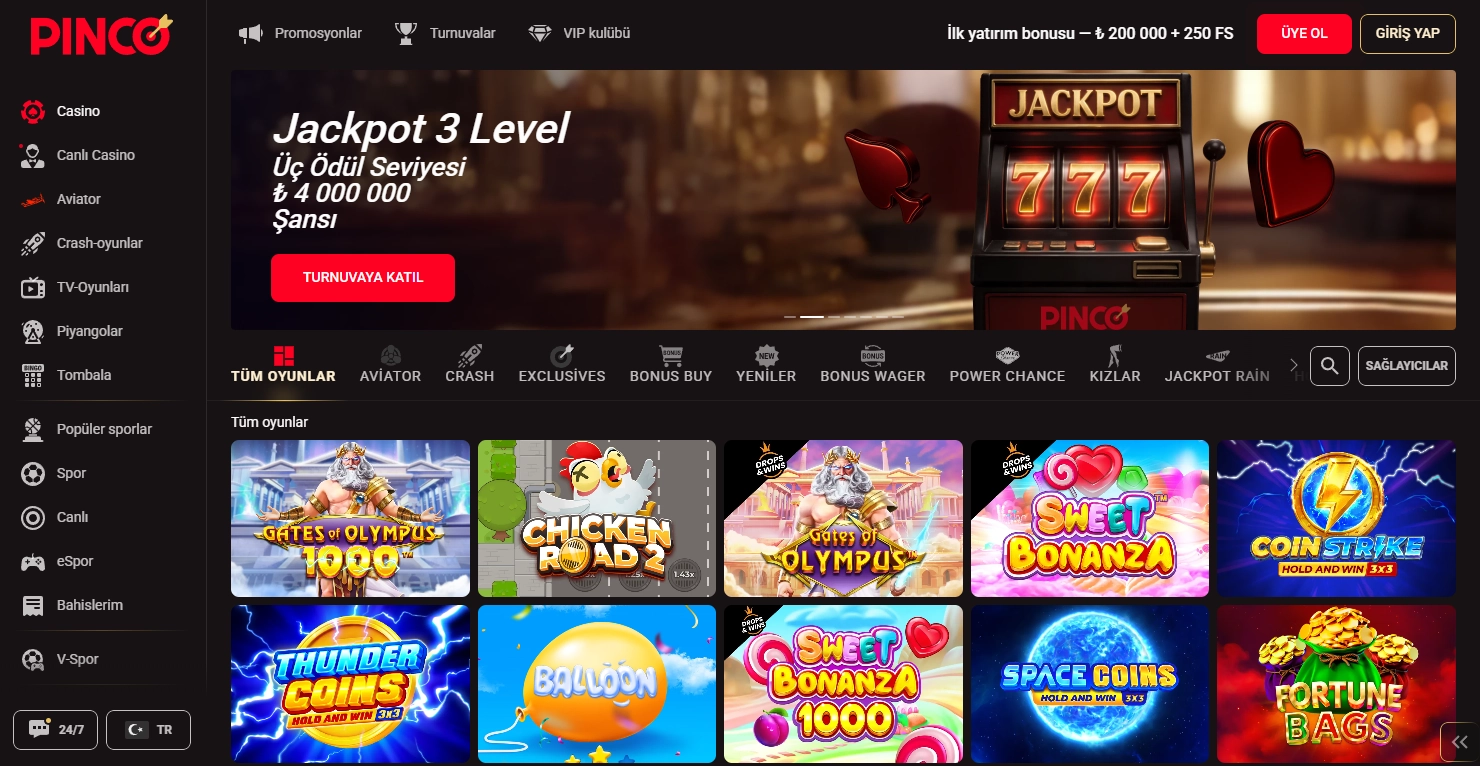 Pinco Casino oyunları ve casino bölümü yapısı